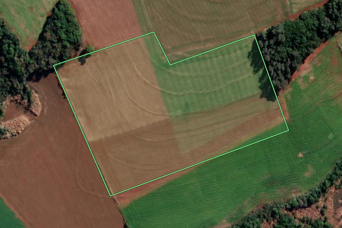 Imagem de satélite do imóvel rural em São Valério do Sul (RS), com o contorno declarado no CAR desenhado por cima.