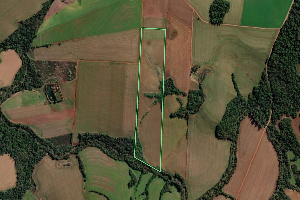 Imagem de satélite do imóvel rural em São Valério do Sul (RS), com o contorno declarado no CAR desenhado por cima.