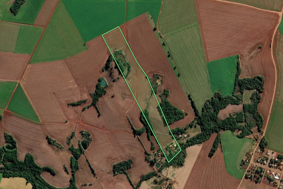 Imagem de satélite do imóvel rural em São Valério do Sul (RS), com o contorno declarado no CAR desenhado por cima.