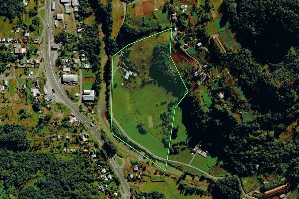 Imagem de satélite do imóvel rural em São Vendelino (RS), com o contorno declarado no CAR desenhado por cima.