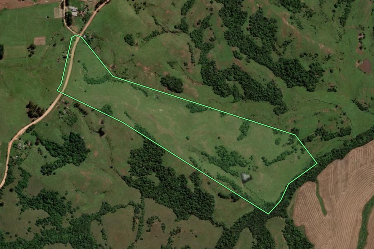 Imagem de satélite do imóvel rural em São Vicente do Sul (RS), com o contorno declarado no CAR desenhado por cima.