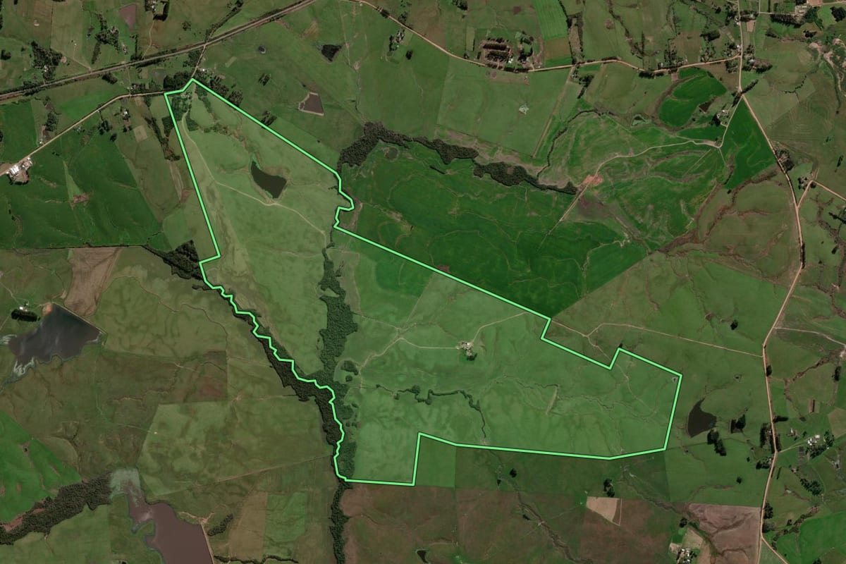 Imagem de satélite do imóvel rural em São Vicente do Sul (RS), com o contorno declarado no CAR desenhado por cima.