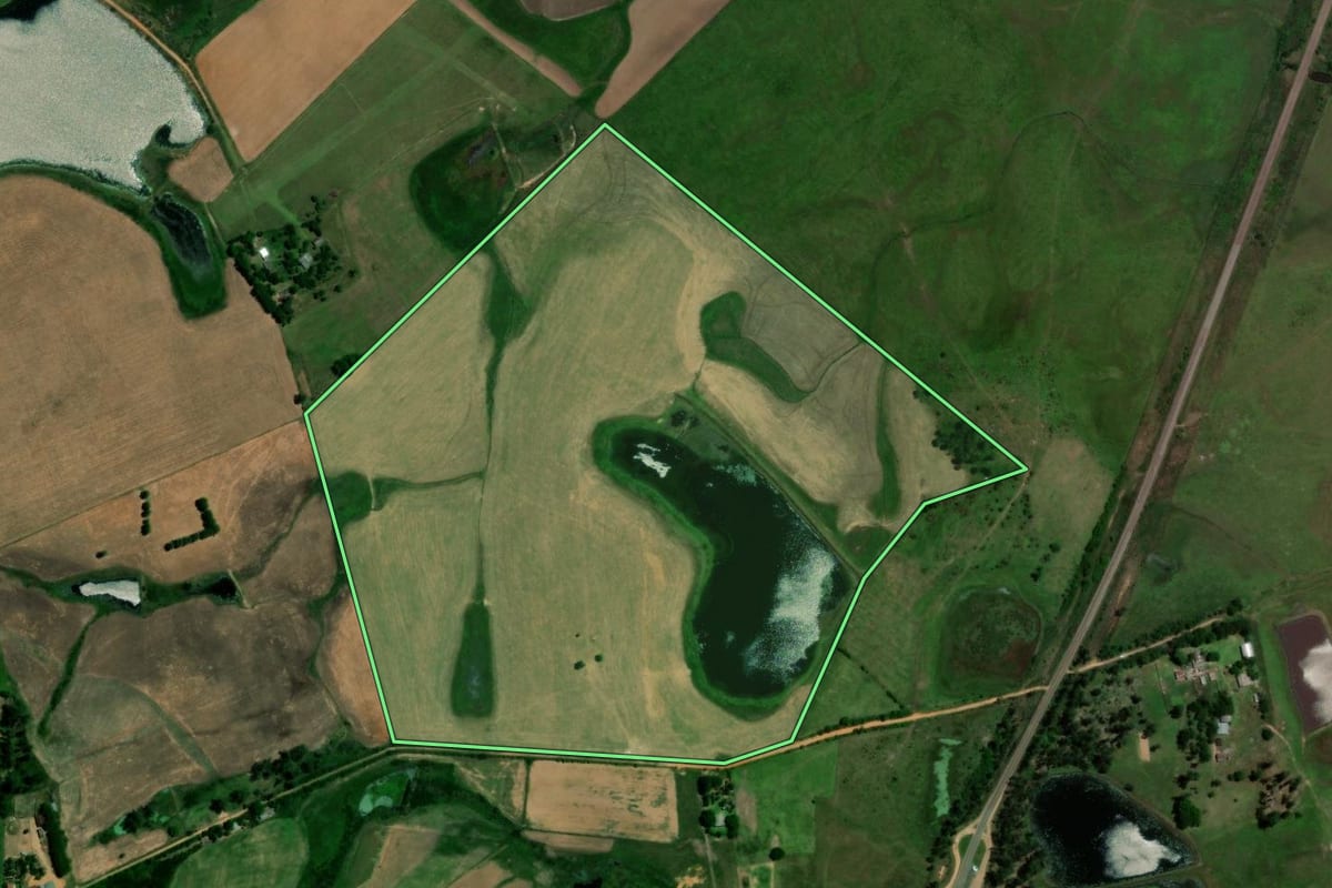 Imagem de satélite do imóvel rural em São Vicente do Sul (RS), com o contorno declarado no CAR desenhado por cima.