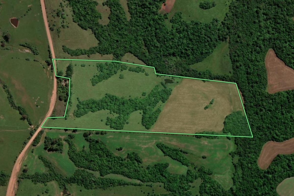 Imagem de satélite do imóvel rural em São Vicente do Sul (RS), com o contorno declarado no CAR desenhado por cima.