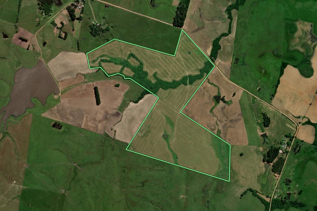 Imagem de satélite do imóvel rural em São Vicente do Sul (RS), com o contorno declarado no CAR desenhado por cima.
