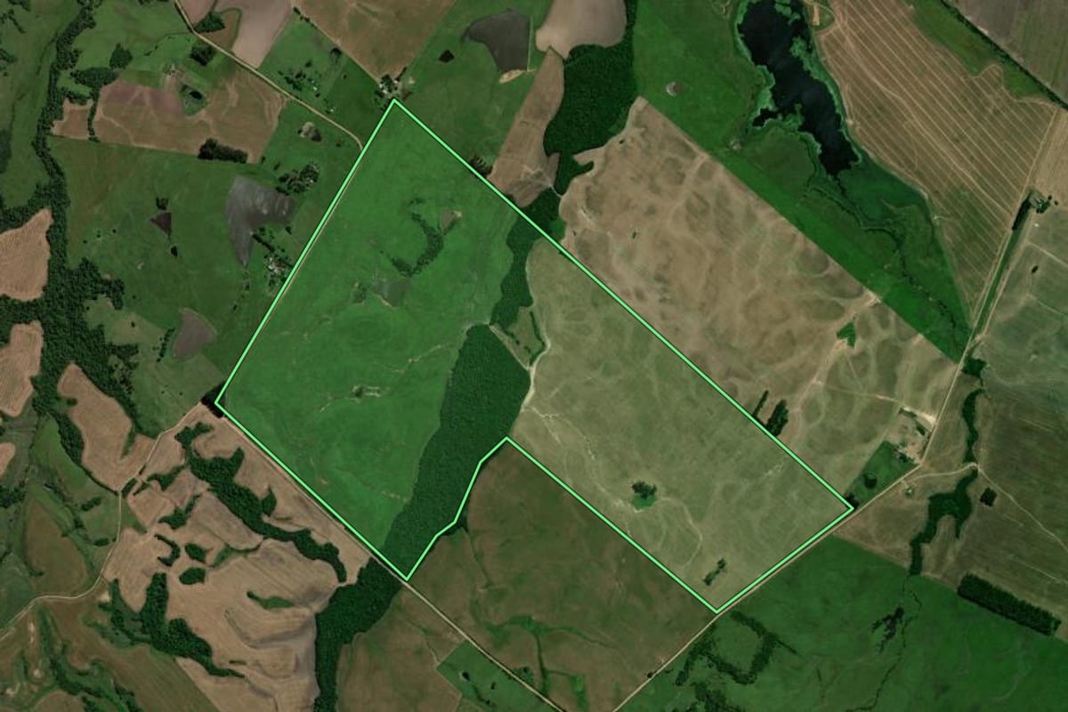 Imagem de satélite do imóvel rural em São Vicente do Sul (RS), com o contorno declarado no CAR desenhado por cima.