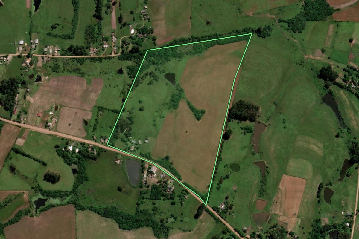 Imagem de satélite do imóvel rural em São Vicente do Sul (RS), com o contorno declarado no CAR desenhado por cima.