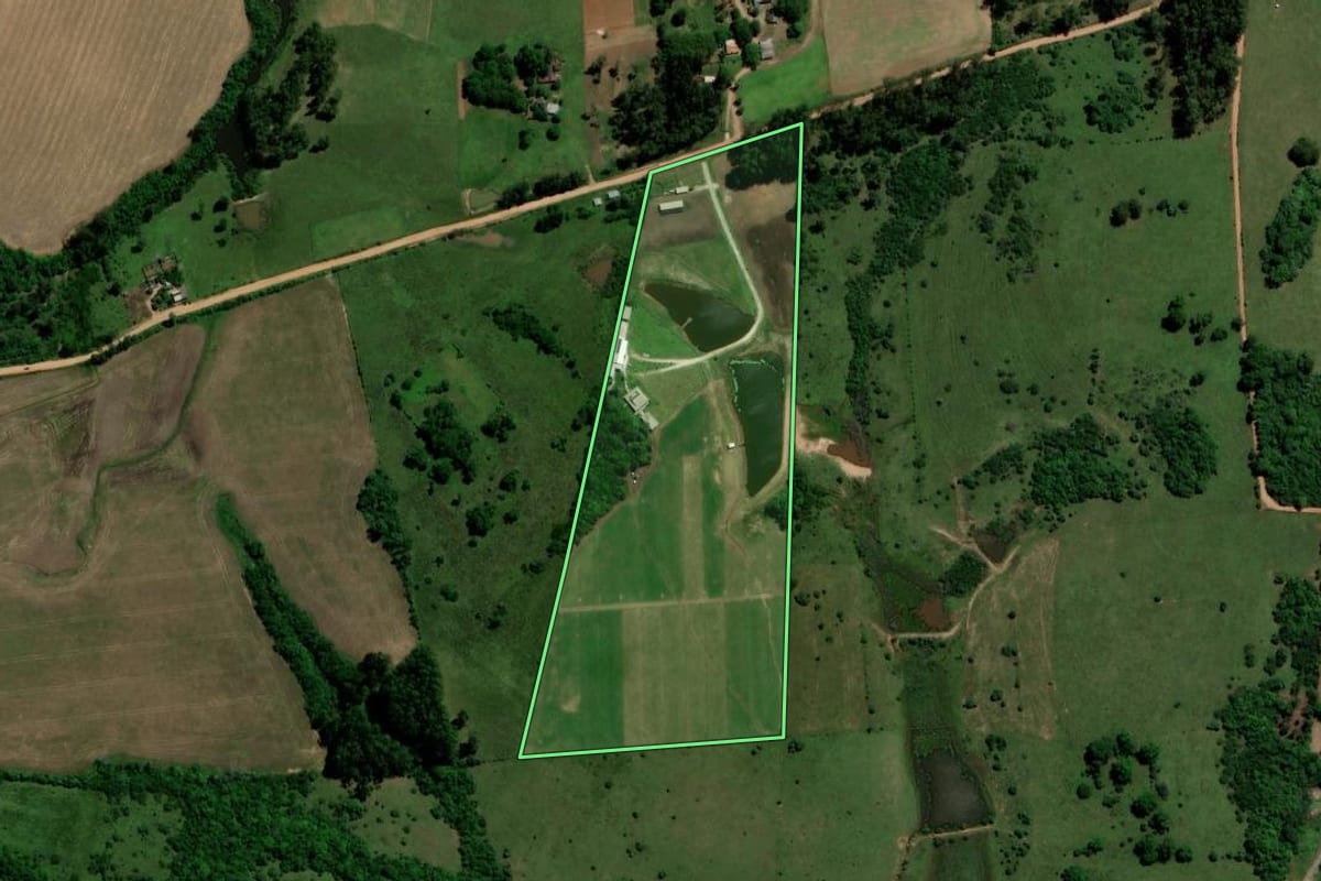 Imagem de satélite do imóvel rural em São Vicente do Sul (RS), com o contorno declarado no CAR desenhado por cima.