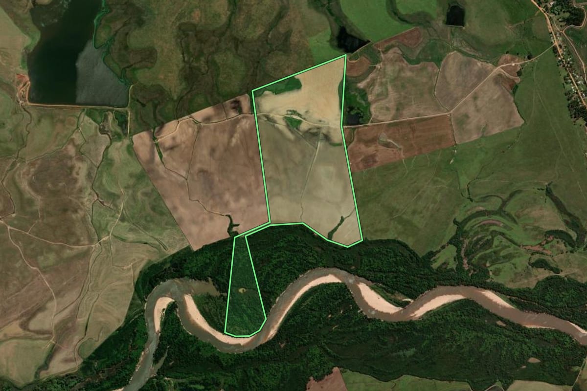 Imagem de satélite do imóvel rural em São Vicente do Sul (RS), com o contorno declarado no CAR desenhado por cima.