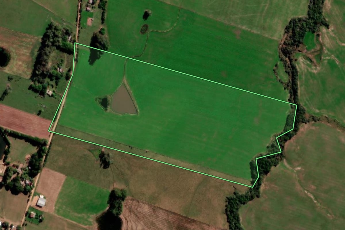 Imagem de satélite do imóvel rural em São Vicente do Sul (RS), com o contorno declarado no CAR desenhado por cima.