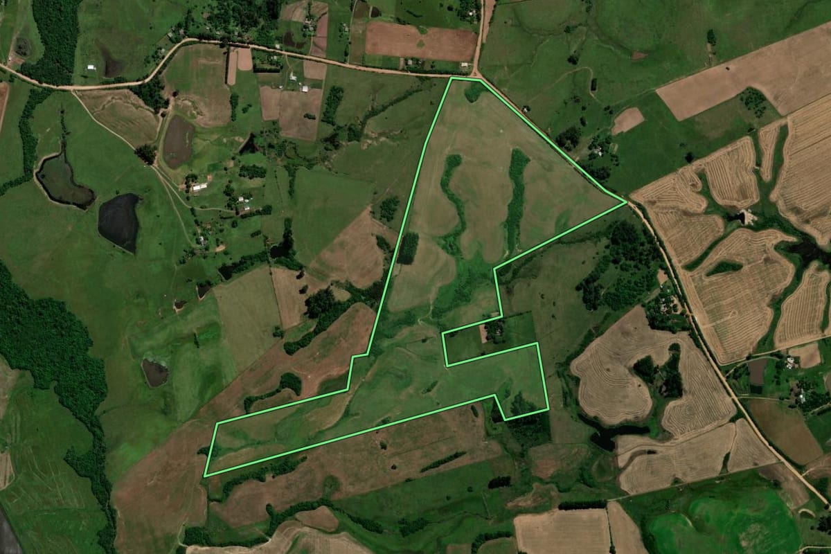 Imagem de satélite do imóvel rural em São Vicente do Sul (RS), com o contorno declarado no CAR desenhado por cima.
