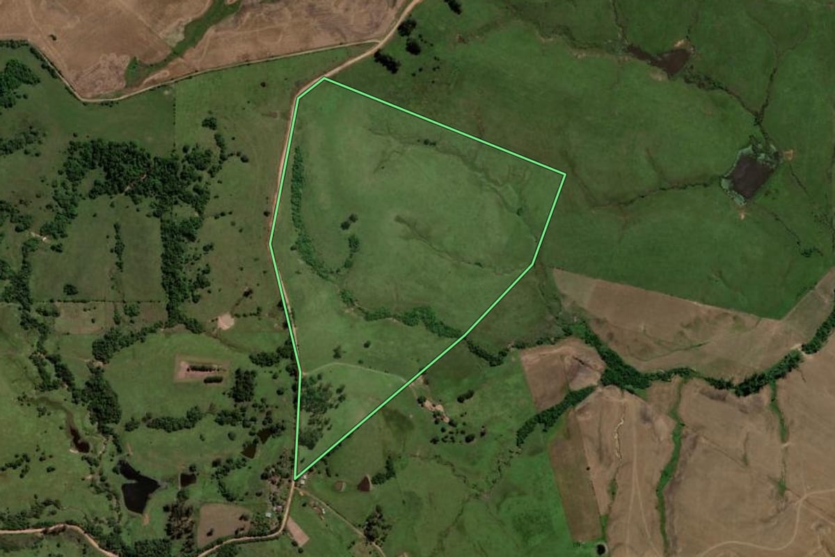 Imagem de satélite do imóvel rural em São Vicente do Sul (RS), com o contorno declarado no CAR desenhado por cima.