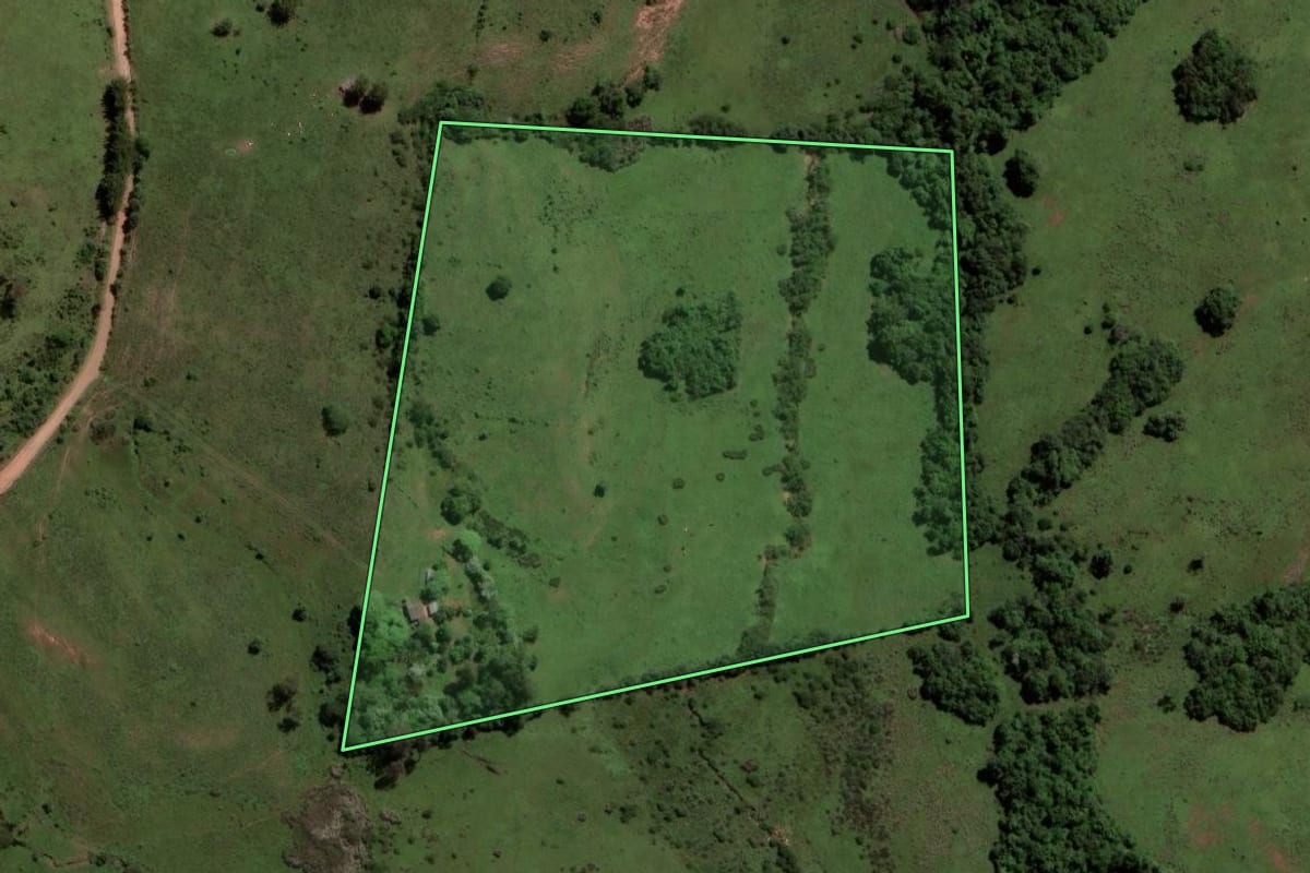 Imagem de satélite do imóvel rural em São Vicente do Sul (RS), com o contorno declarado no CAR desenhado por cima.