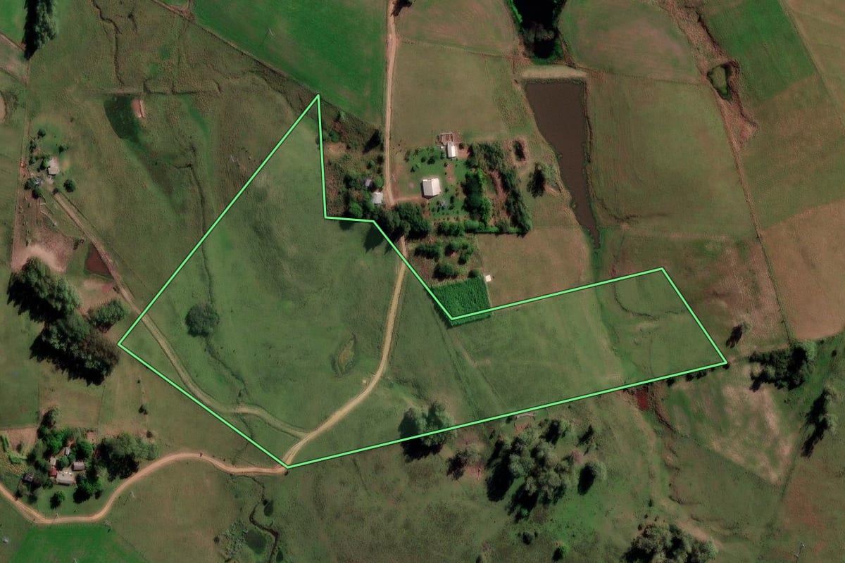 Imagem de satélite do imóvel rural em São Vicente do Sul (RS), com o contorno declarado no CAR desenhado por cima.