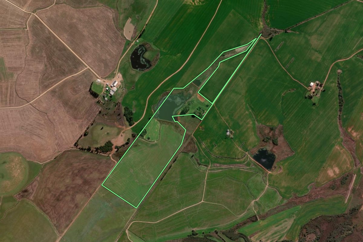 Imagem de satélite do imóvel rural em São Vicente do Sul (RS), com o contorno declarado no CAR desenhado por cima.
