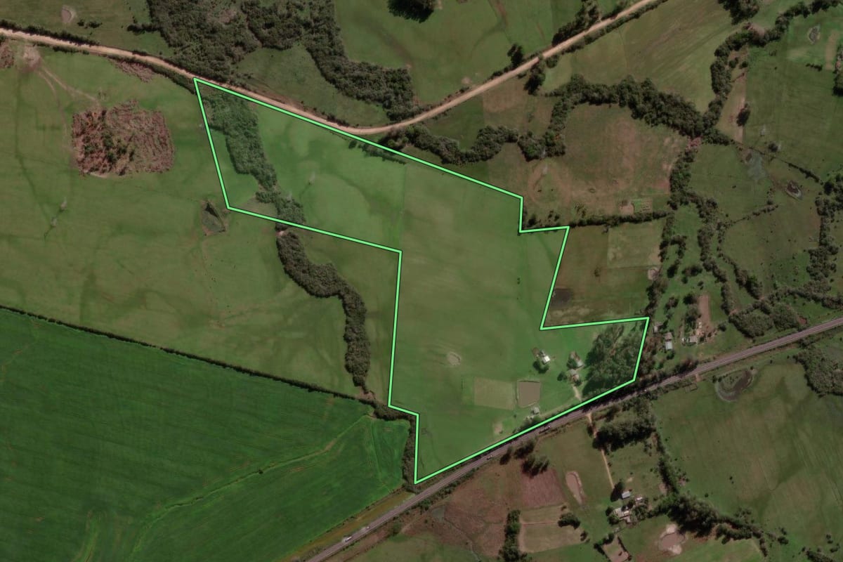 Imagem de satélite do imóvel rural em São Vicente do Sul (RS), com o contorno declarado no CAR desenhado por cima.
