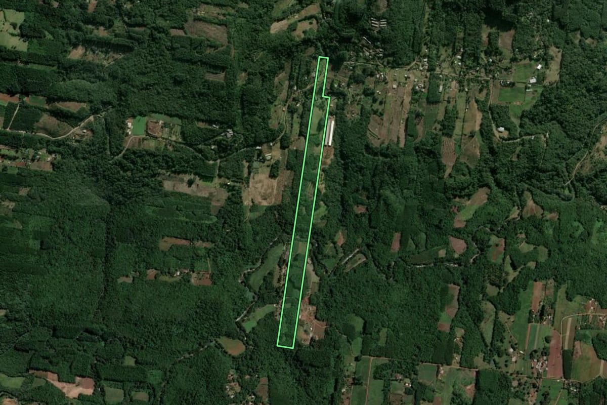 Imagem de satélite do imóvel rural em Sapiranga (RS), com o contorno declarado no CAR desenhado por cima.