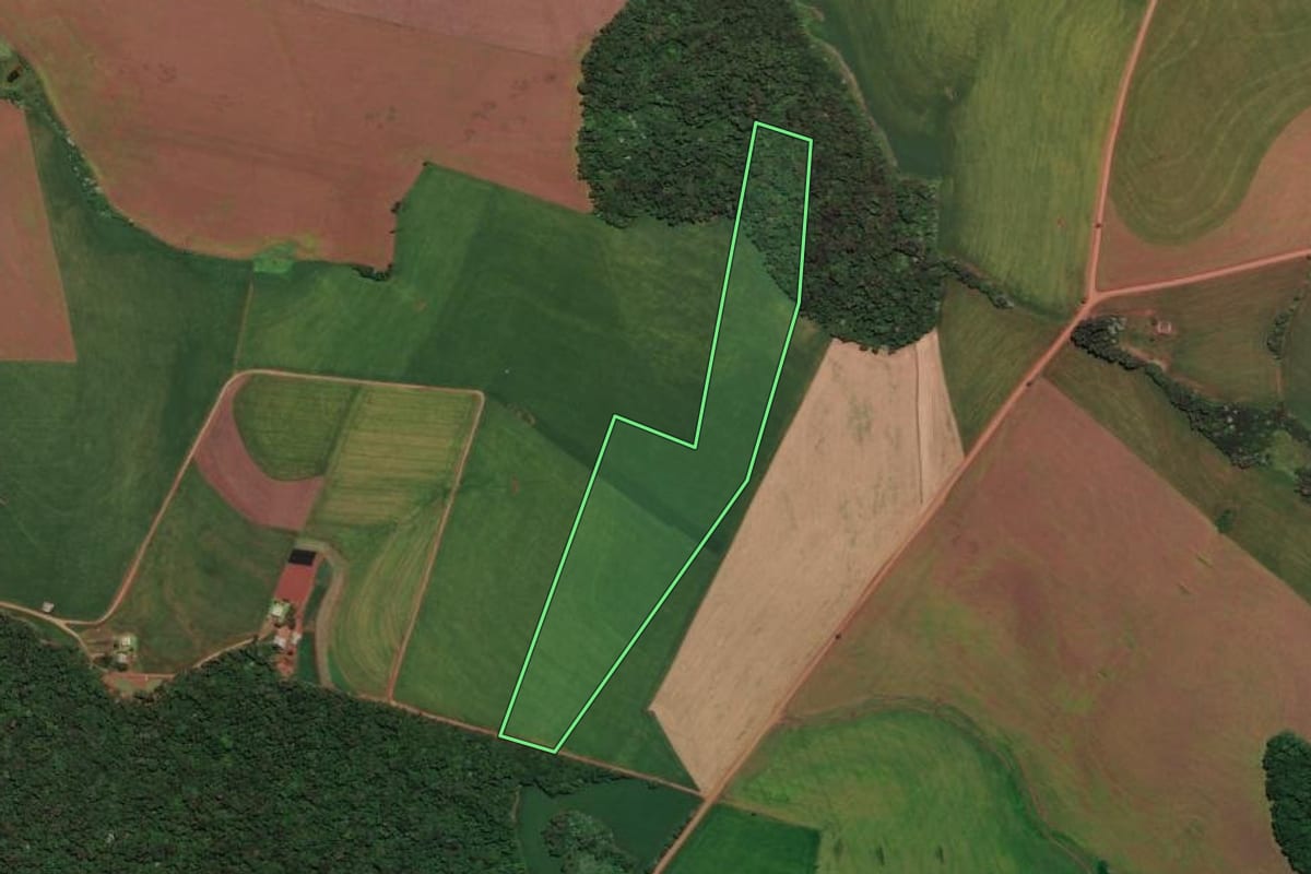 Imagem de satélite do imóvel rural em Sarandi (RS), com o contorno declarado no CAR desenhado por cima.