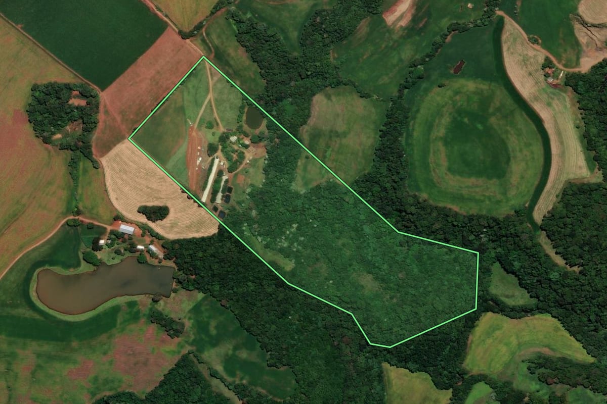 Imagem de satélite do imóvel rural em Sarandi (RS), com o contorno declarado no CAR desenhado por cima.