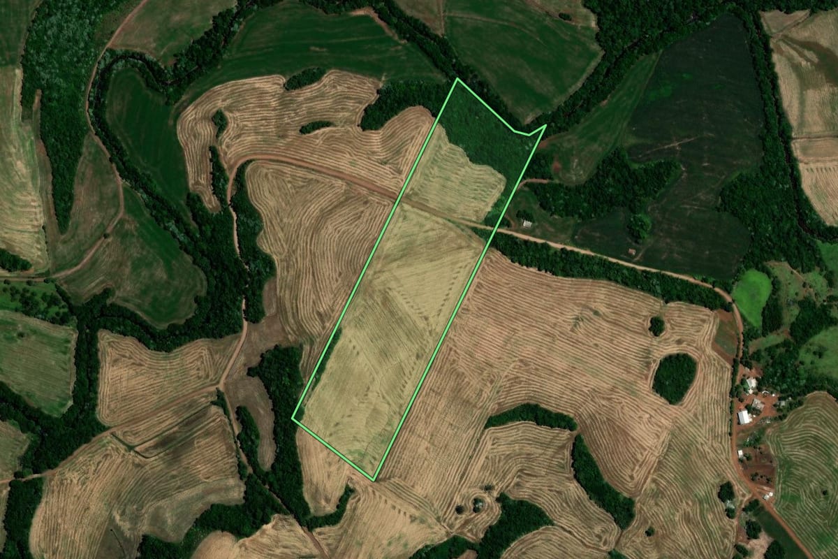 Imagem de satélite do imóvel rural em Sarandi (RS), com o contorno declarado no CAR desenhado por cima.
