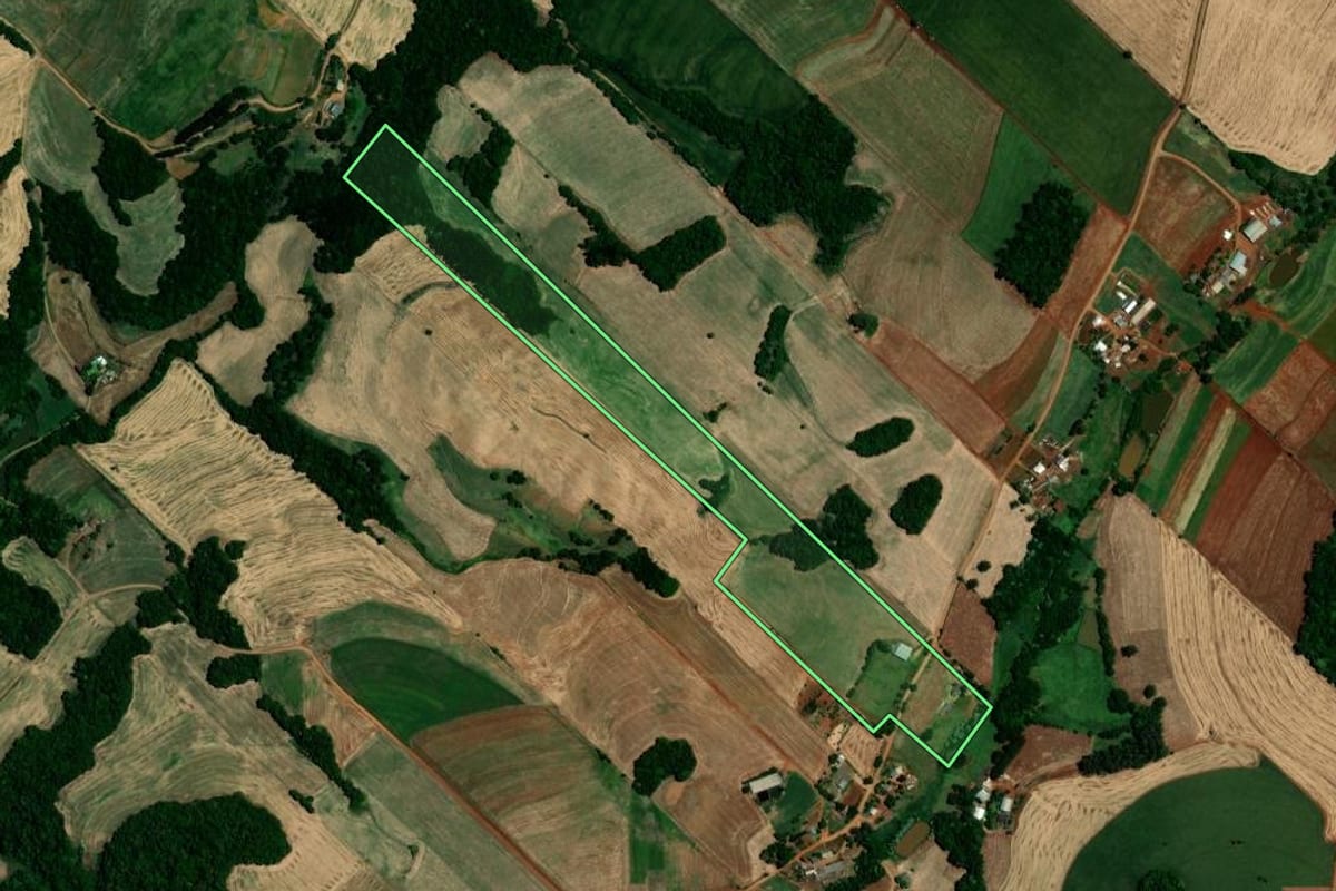 Imagem de satélite do imóvel rural em Sarandi (RS), com o contorno declarado no CAR desenhado por cima.