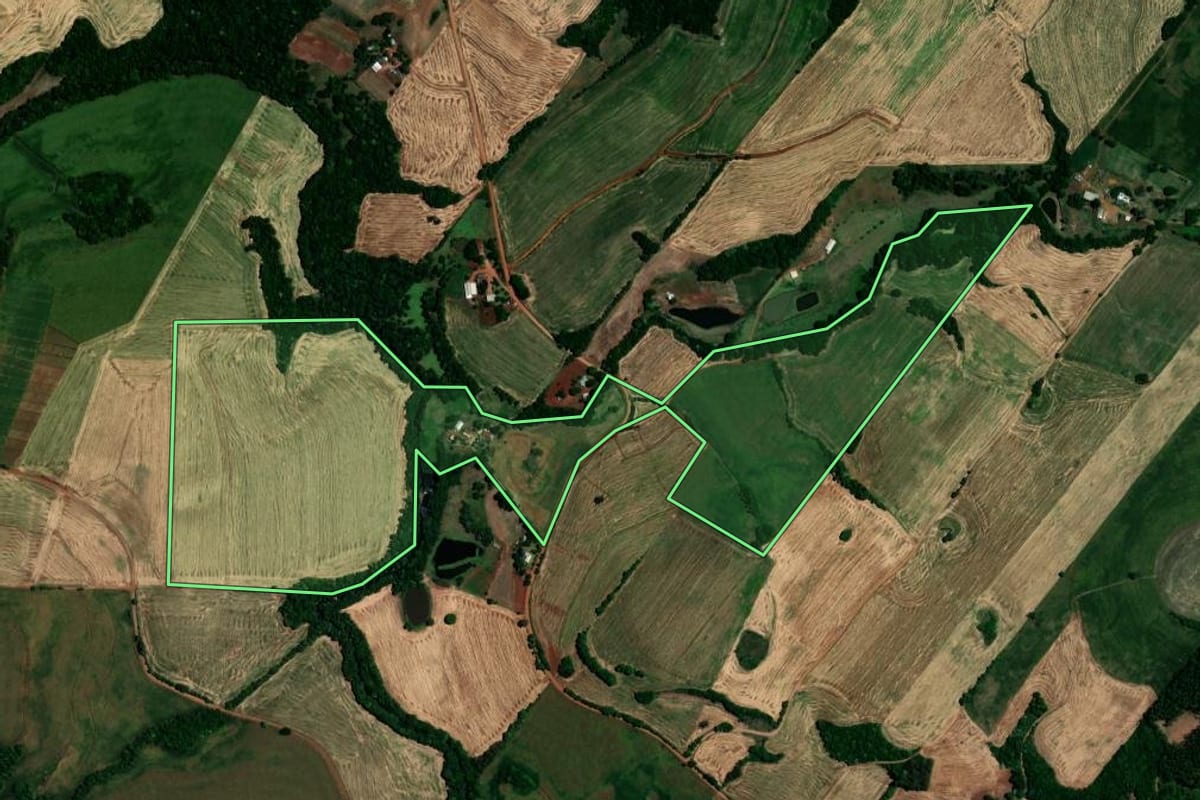 Imagem de satélite do imóvel rural em Sarandi (RS), com o contorno declarado no CAR desenhado por cima.