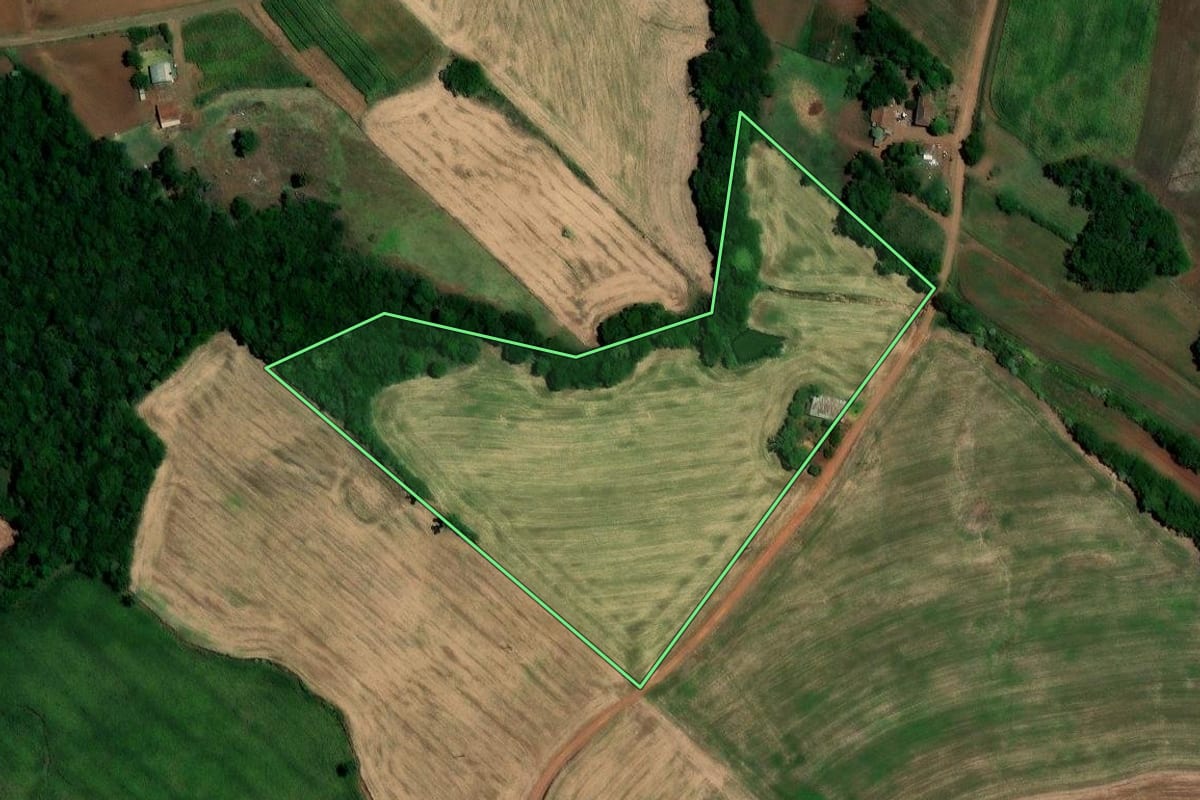 Imagem de satélite do imóvel rural em Sarandi (RS), com o contorno declarado no CAR desenhado por cima.