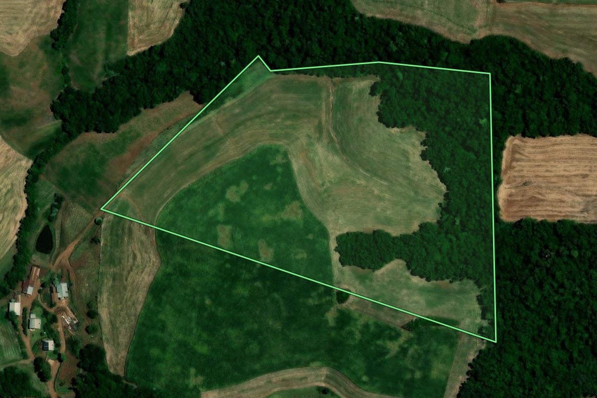 Imagem de satélite do imóvel rural em Sarandi (RS), com o contorno declarado no CAR desenhado por cima.
