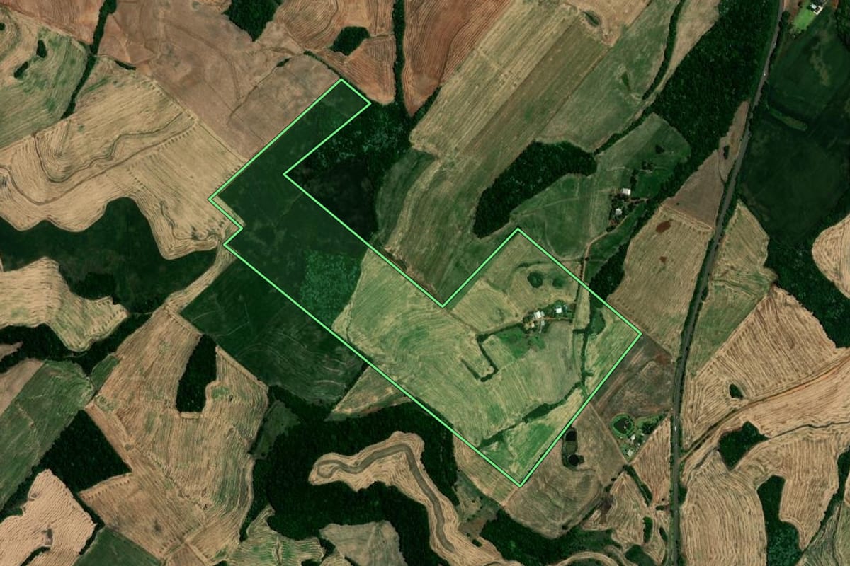 Imagem de satélite do imóvel rural em Sarandi (RS), com o contorno declarado no CAR desenhado por cima.