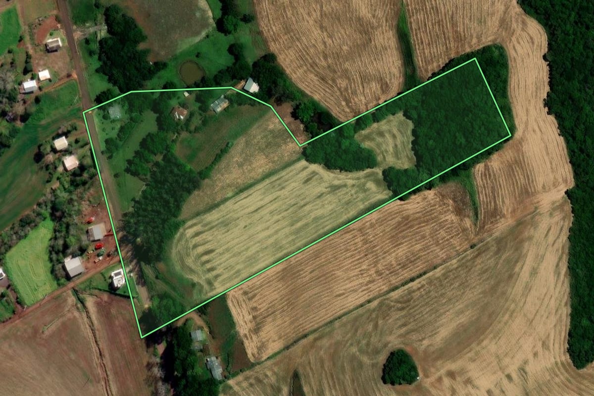 Imagem de satélite do imóvel rural em Sarandi (RS), com o contorno declarado no CAR desenhado por cima.