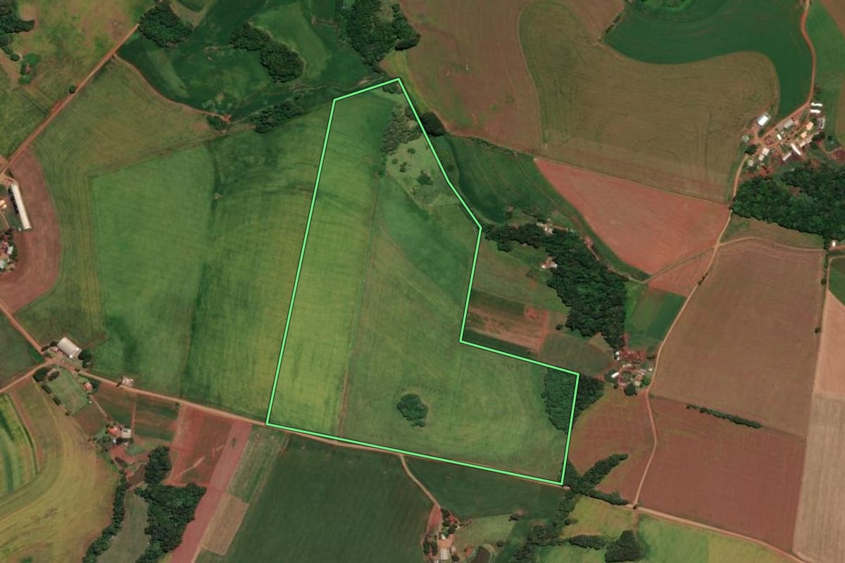 Imagem de satélite do imóvel rural em Sarandi (RS), com o contorno declarado no CAR desenhado por cima.