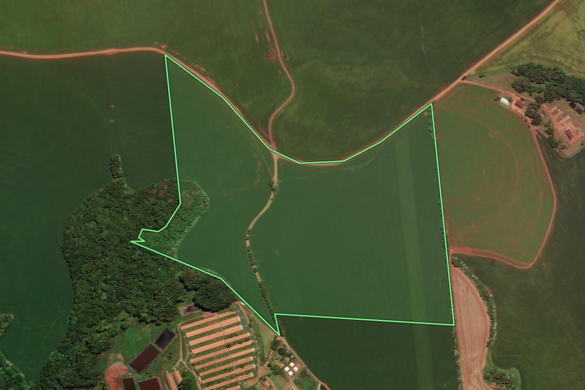 Imagem de satélite do imóvel rural em Sarandi (RS), com o contorno declarado no CAR desenhado por cima.