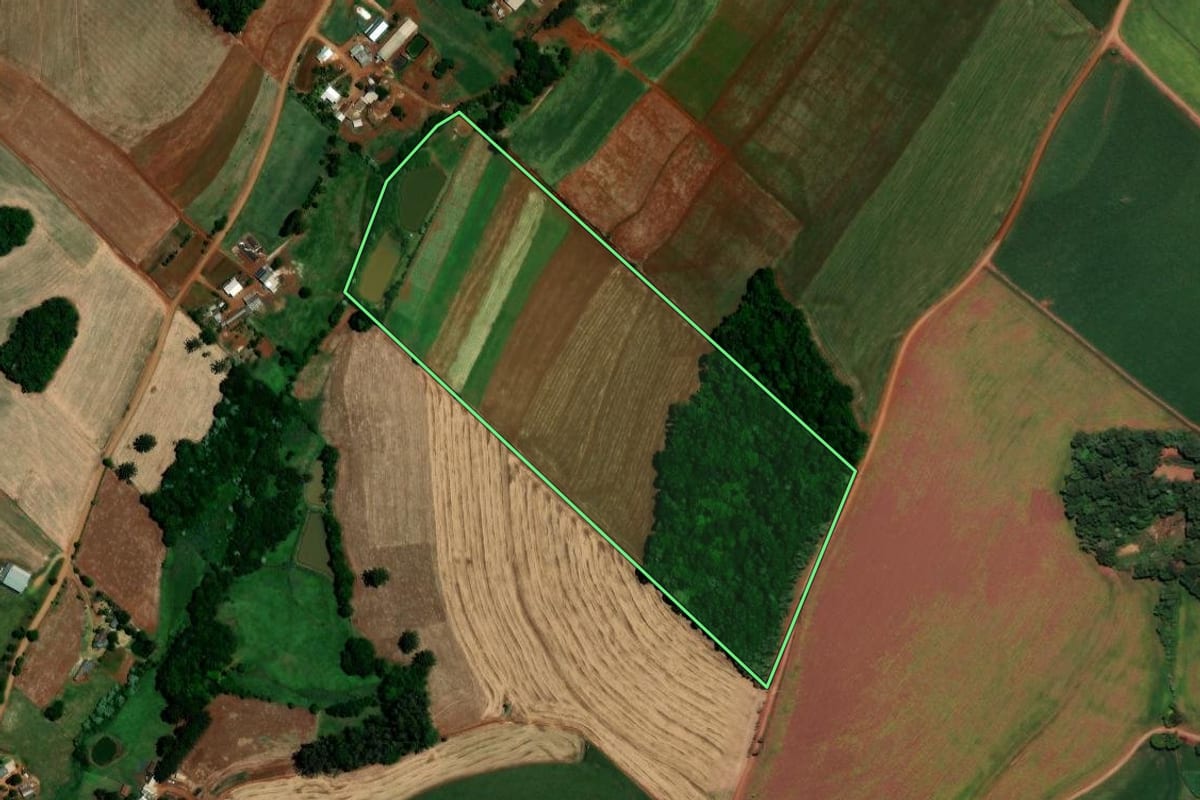 Imagem de satélite do imóvel rural em Sarandi (RS), com o contorno declarado no CAR desenhado por cima.