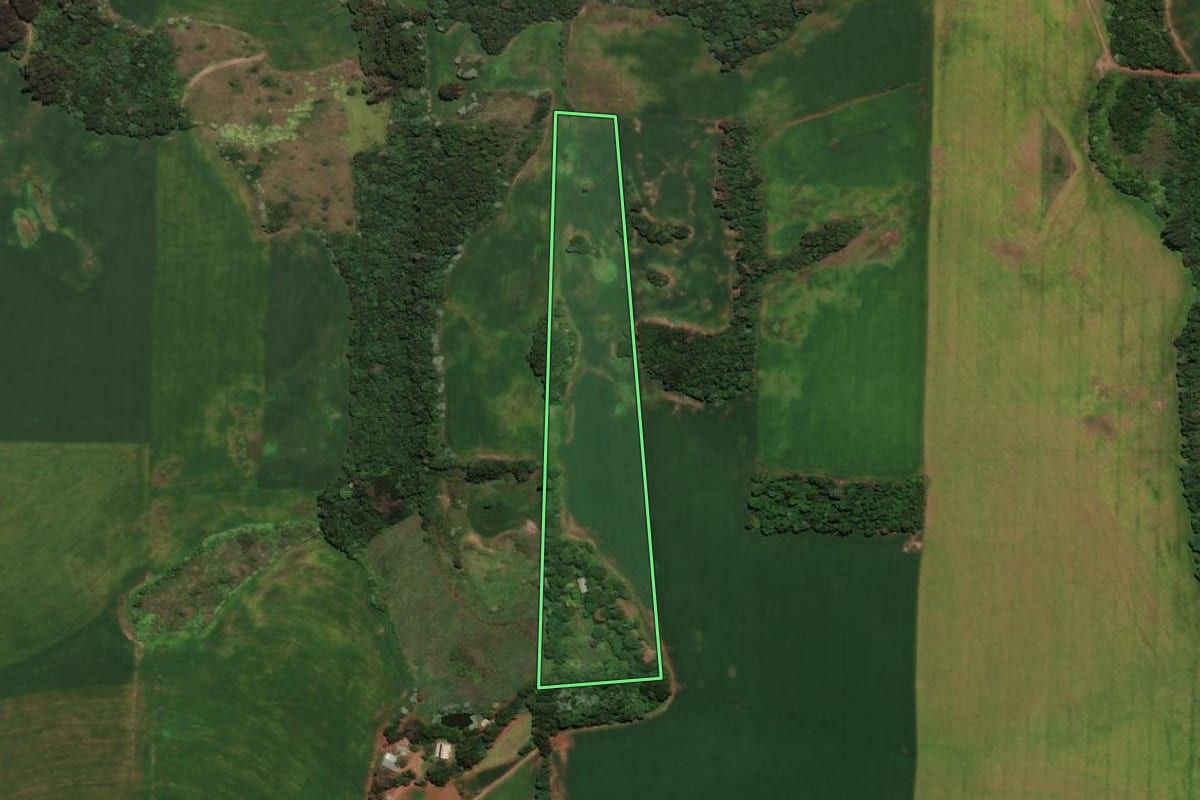 Imagem de satélite do imóvel rural em Sarandi (RS), com o contorno declarado no CAR desenhado por cima.