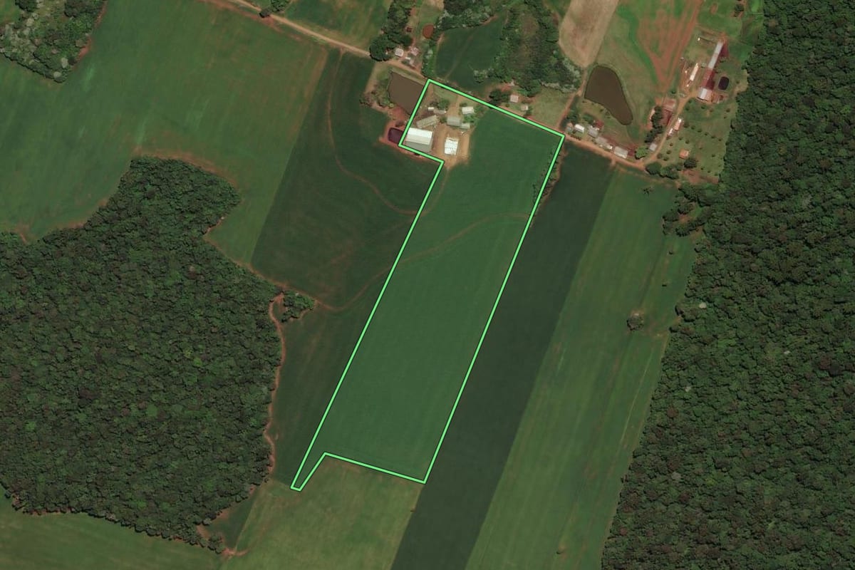 Imagem de satélite do imóvel rural em Sarandi (RS), com o contorno declarado no CAR desenhado por cima.
