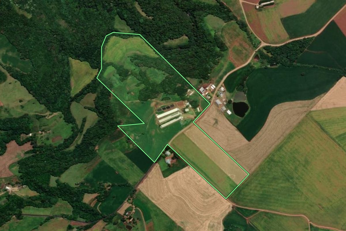 Imagem de satélite do imóvel rural em Sarandi (RS), com o contorno declarado no CAR desenhado por cima.