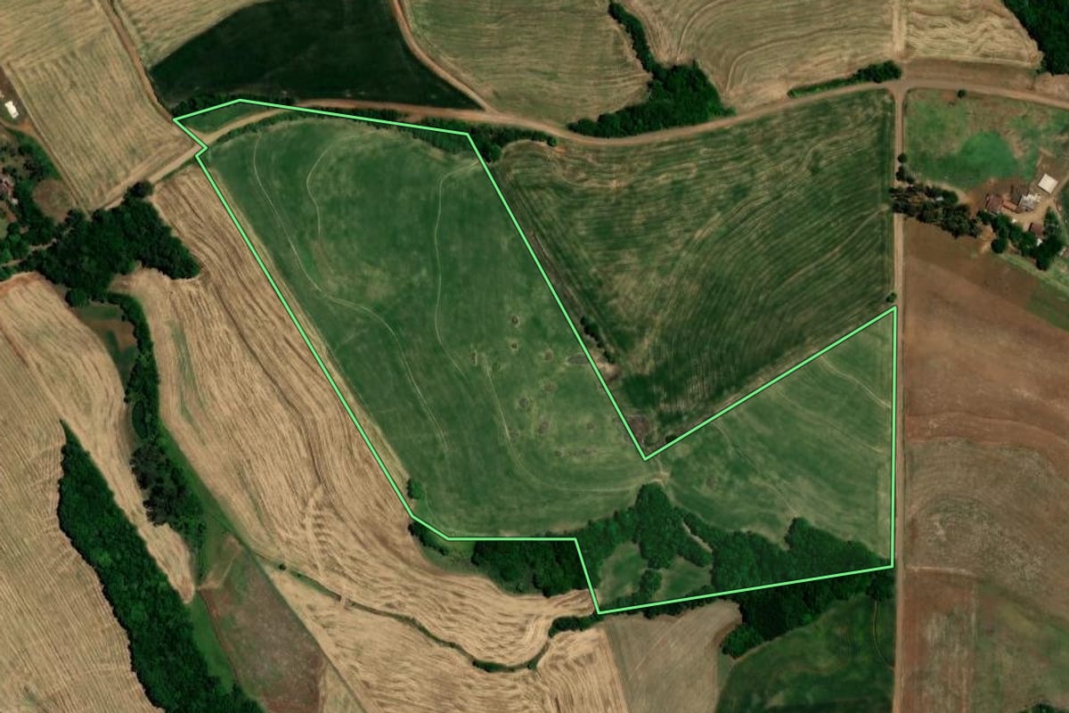 Imagem de satélite do imóvel rural em Sarandi (RS), com o contorno declarado no CAR desenhado por cima.