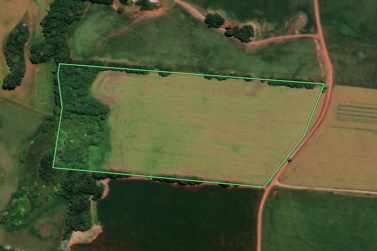 Imagem de satélite do imóvel rural em Sarandi (RS), com o contorno declarado no CAR desenhado por cima.