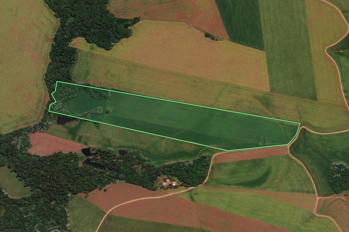 Imagem de satélite do imóvel rural em Sarandi (RS), com o contorno declarado no CAR desenhado por cima.