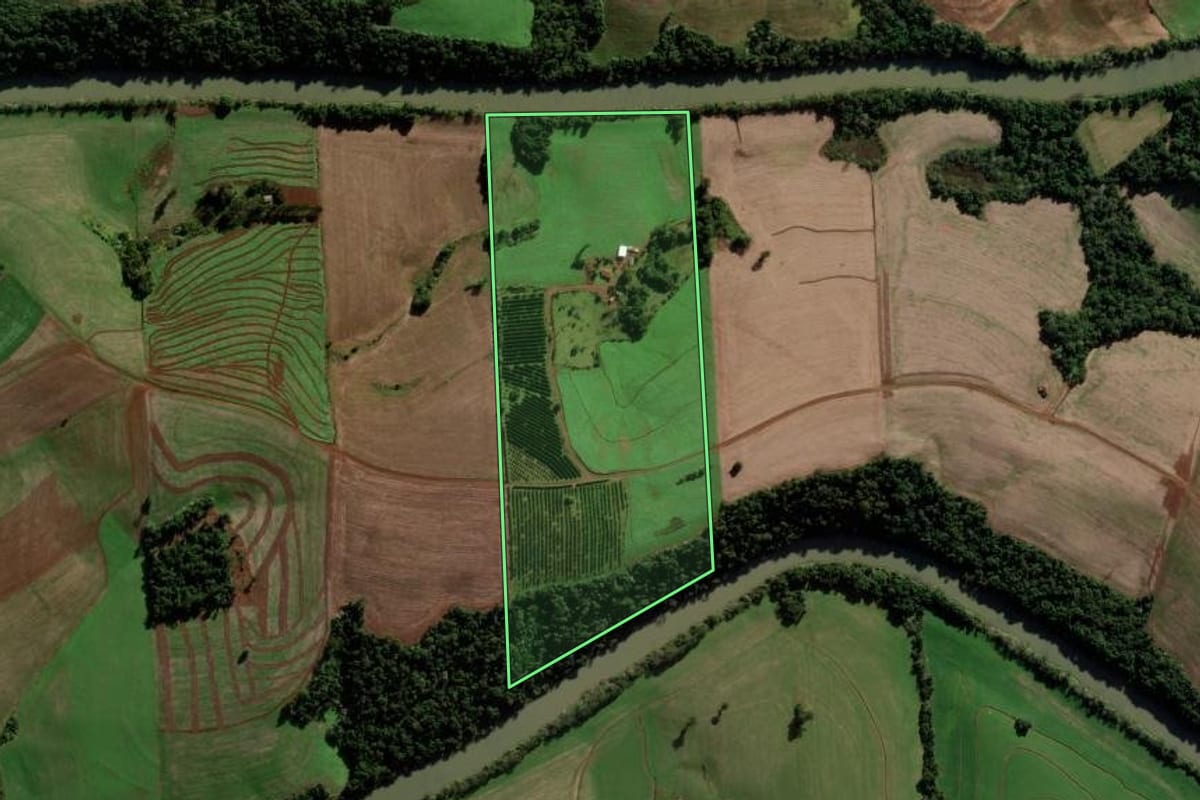 Imagem de satélite do imóvel rural em Sarandi (RS), com o contorno declarado no CAR desenhado por cima.