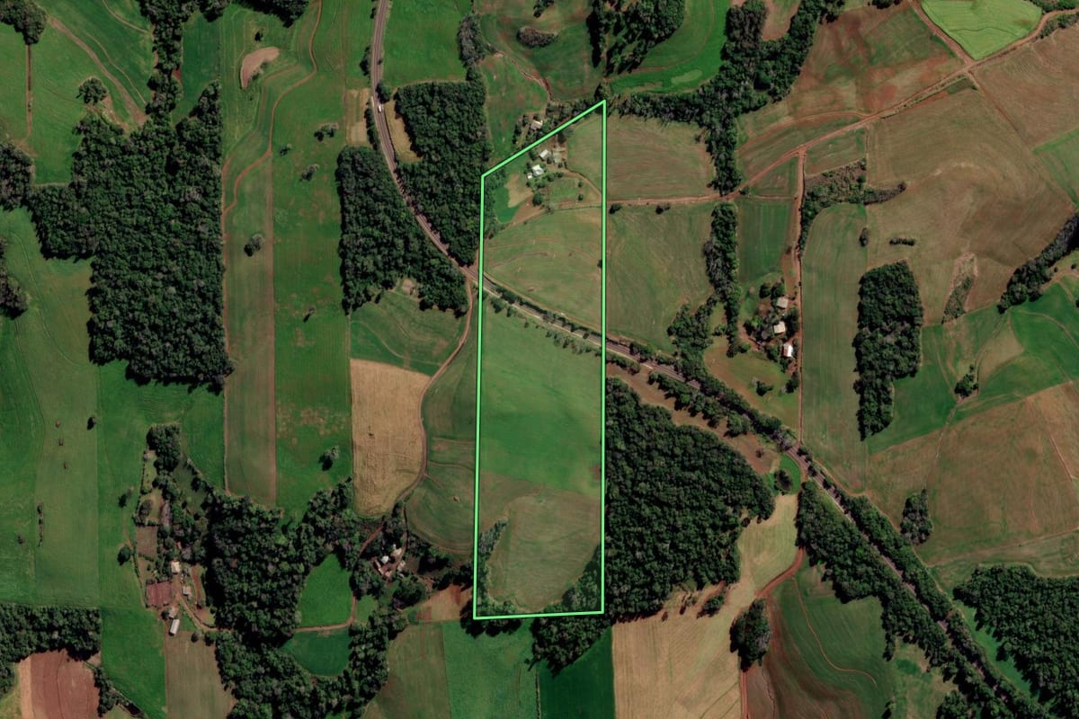 Imagem de satélite do imóvel rural em Sarandi (RS), com o contorno declarado no CAR desenhado por cima.