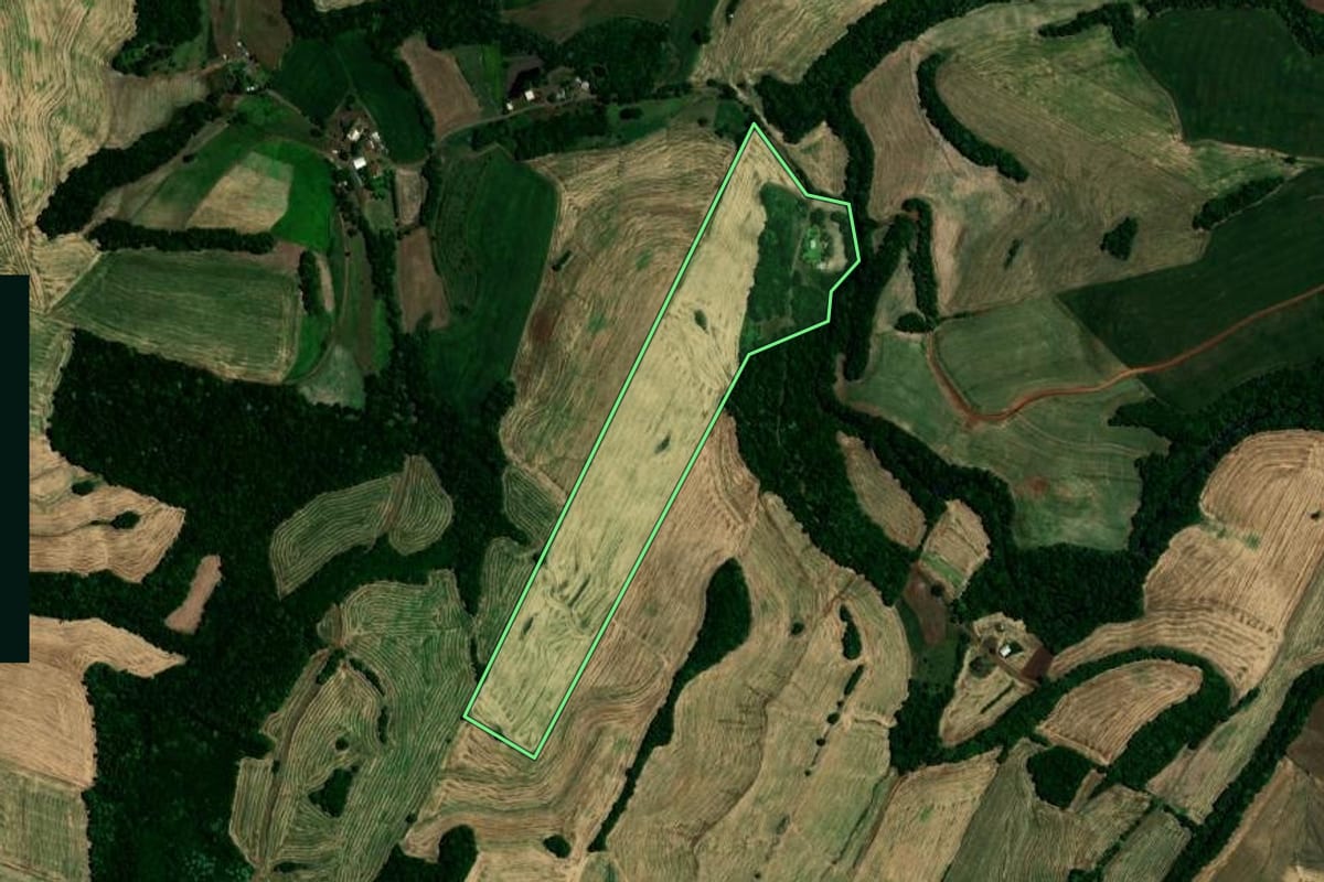 Imagem de satélite do imóvel rural em Sarandi (RS), com o contorno declarado no CAR desenhado por cima.