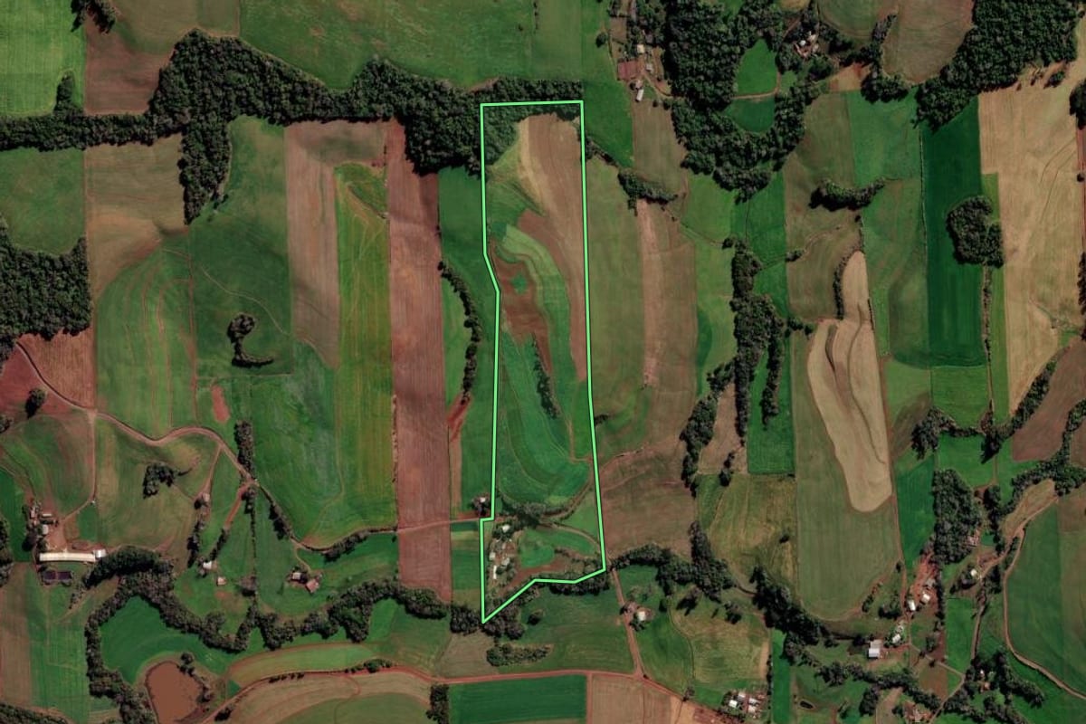 Imagem de satélite do imóvel rural em Sarandi (RS), com o contorno declarado no CAR desenhado por cima.