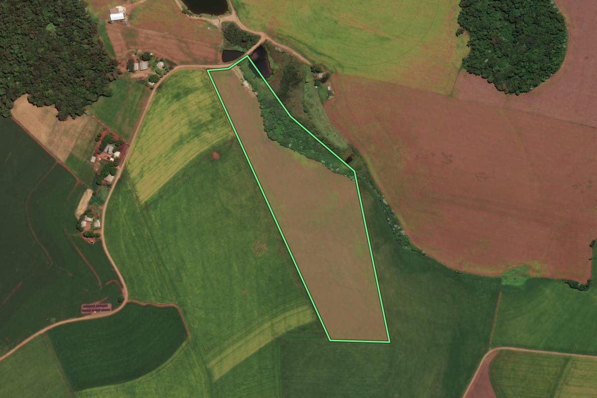 Imagem de satélite do imóvel rural em Sarandi (RS), com o contorno declarado no CAR desenhado por cima.