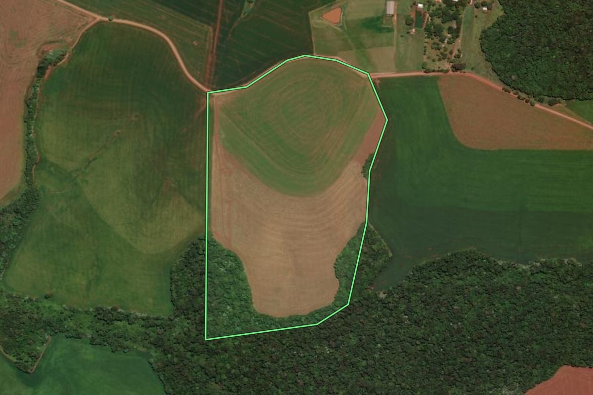 Imagem de satélite do imóvel rural em Sarandi (RS), com o contorno declarado no CAR desenhado por cima.