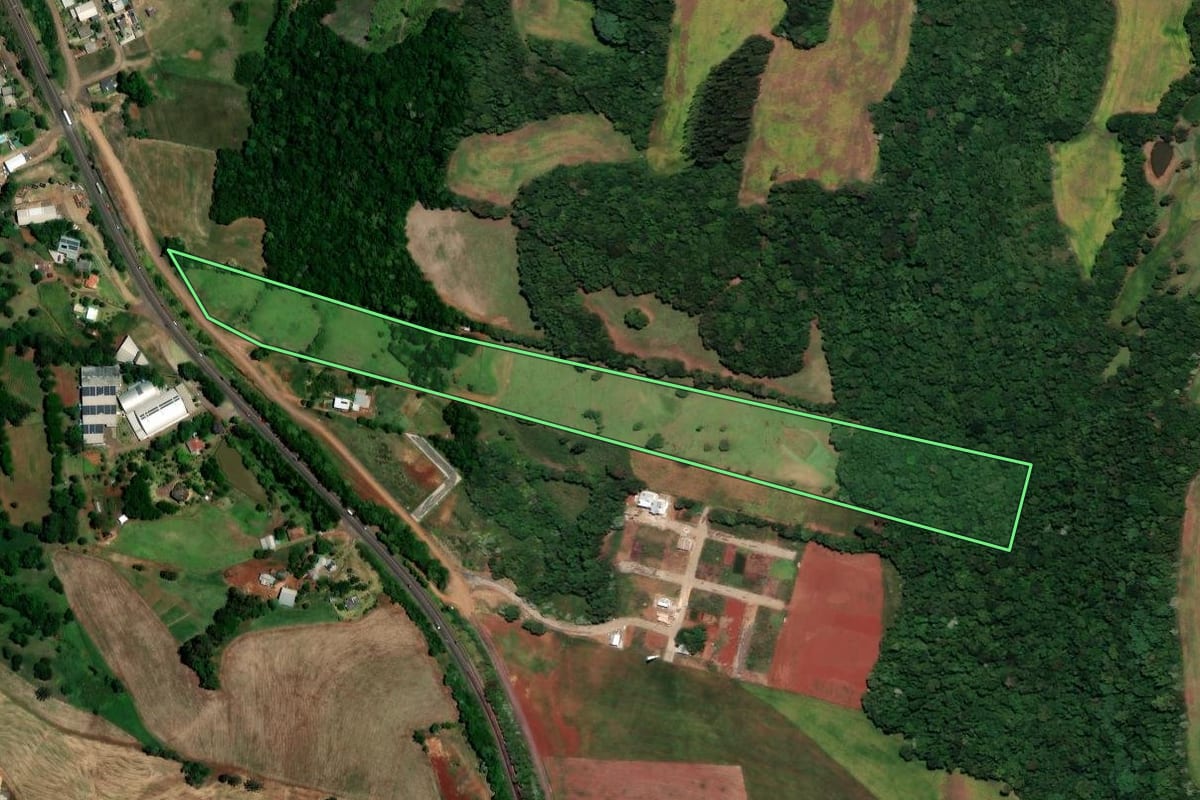 Imagem de satélite do imóvel rural em Sarandi (RS), com o contorno declarado no CAR desenhado por cima.