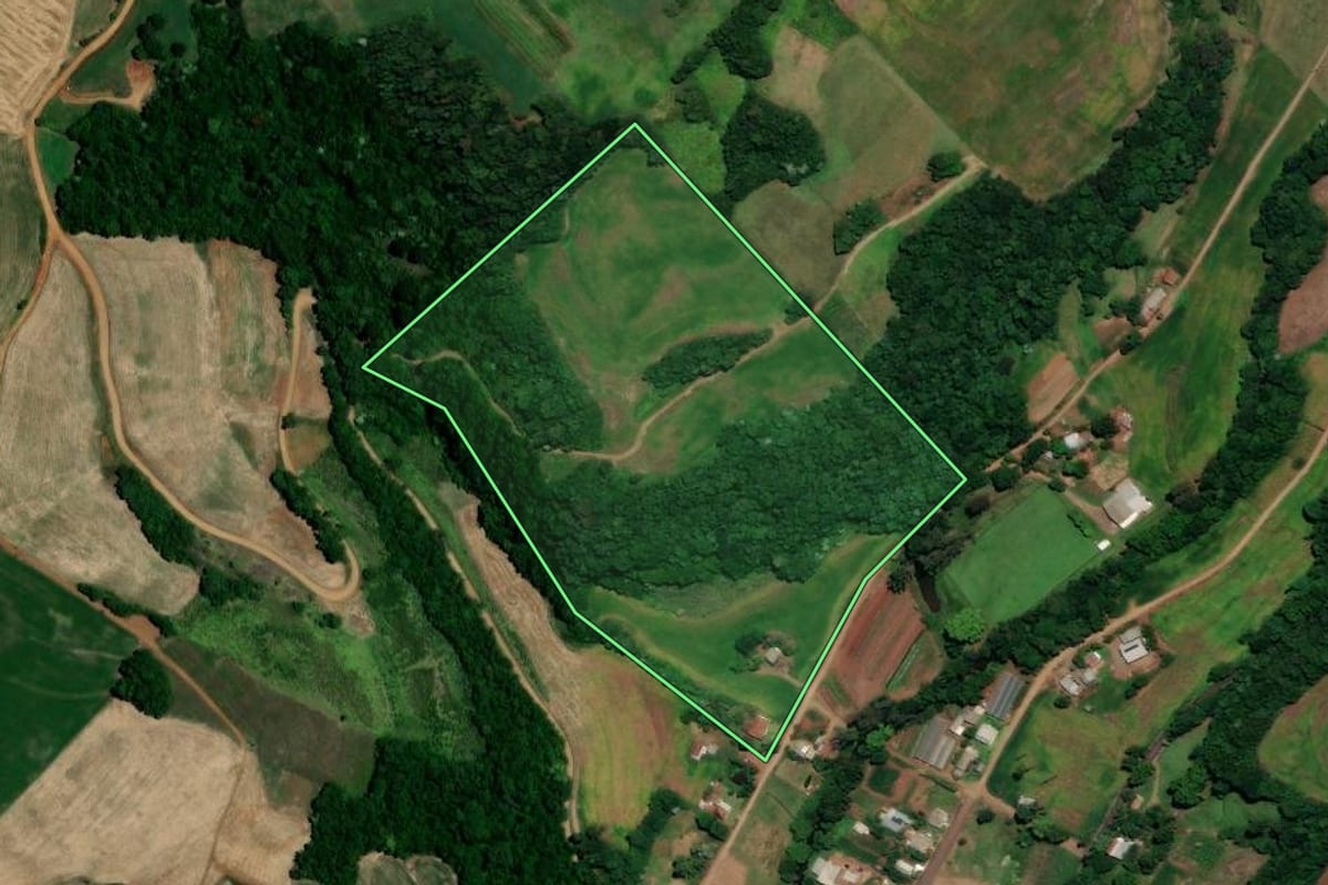 Imagem de satélite do imóvel rural em Sarandi (RS), com o contorno declarado no CAR desenhado por cima.