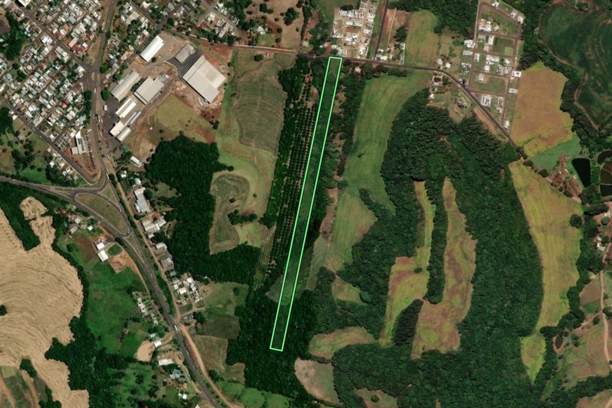 Imagem de satélite do imóvel rural em Sarandi (RS), com o contorno declarado no CAR desenhado por cima.