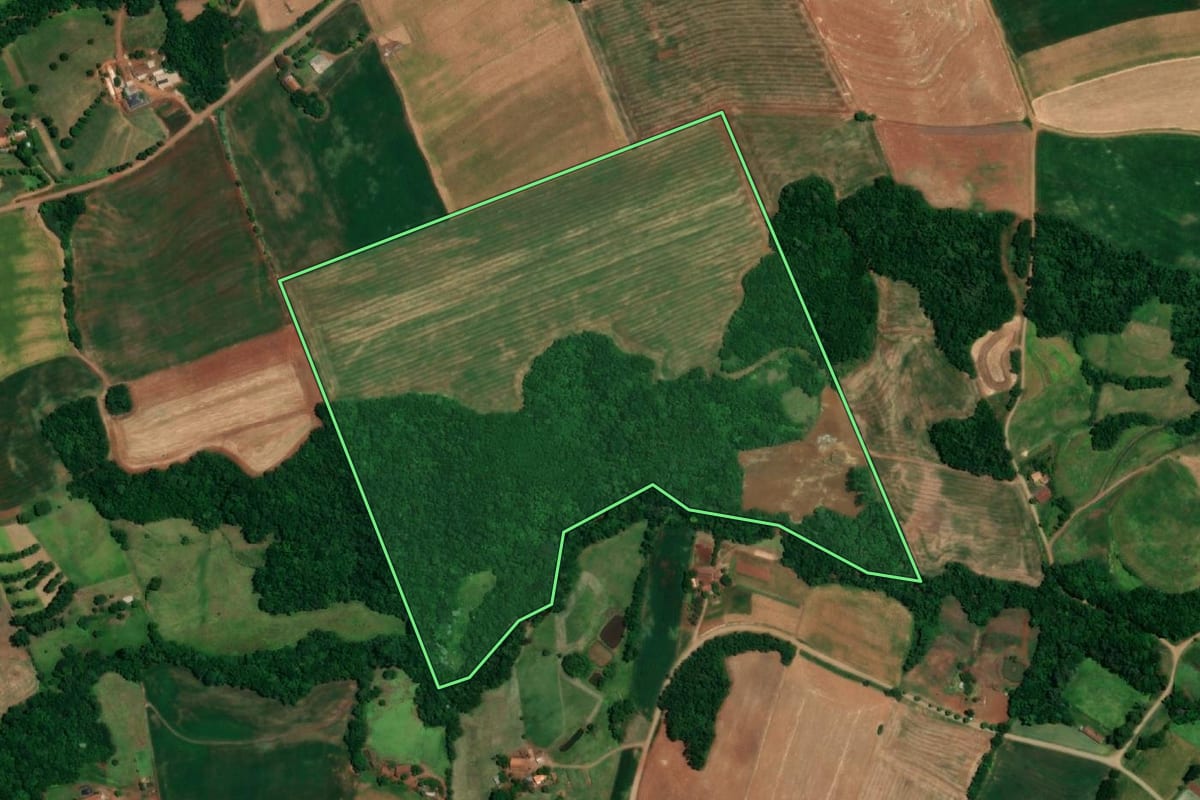 Imagem de satélite do imóvel rural em Sede Nova (RS), com o contorno declarado no CAR desenhado por cima.
