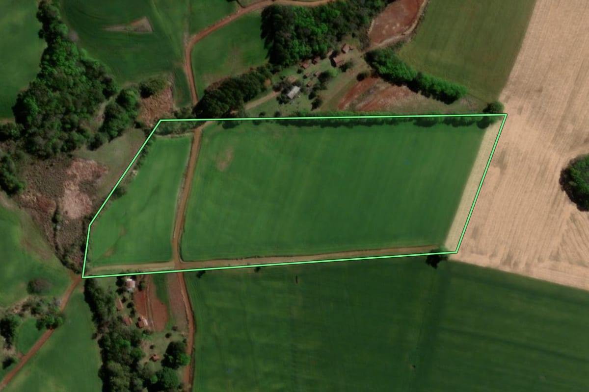 Imagem de satélite do imóvel rural em Sede Nova (RS), com o contorno declarado no CAR desenhado por cima.